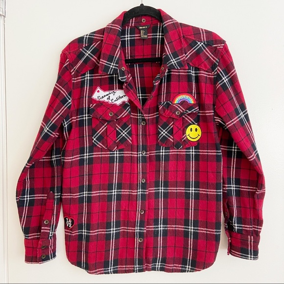 Forever 21 Thick Red Black Plaid Flannel Patches L - Picture 3 of 10